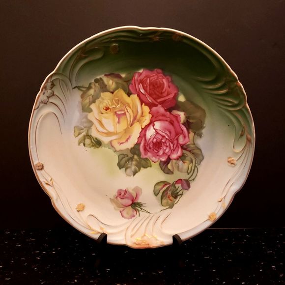 Bavaria Round Platter Porcelain Plate Pink Yellow Roses Green Gold Vintage - Picture 3 of 10